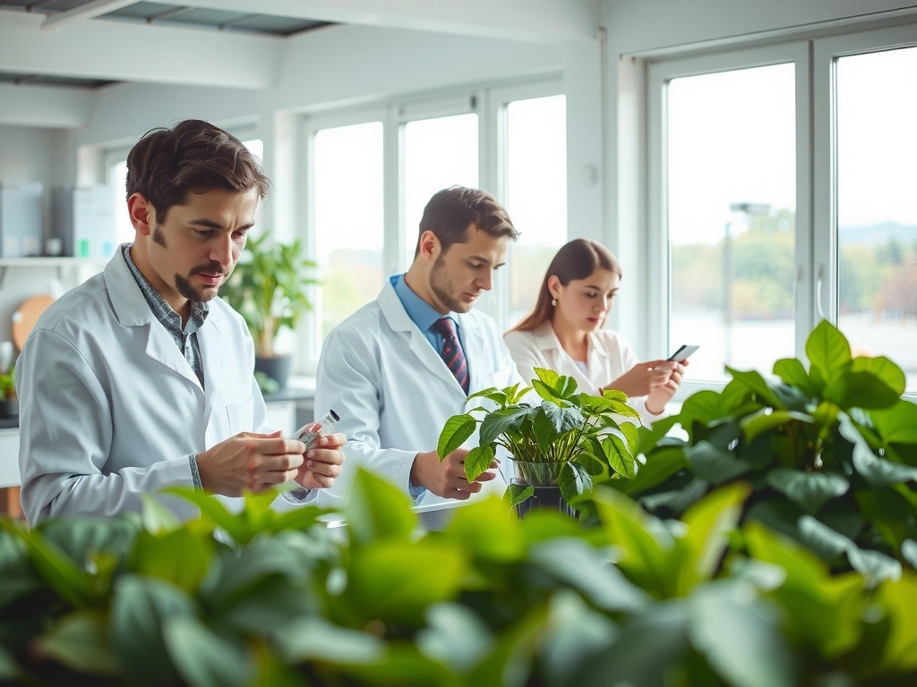 A team of botanists researching natural ingredients in a bright, modern lab setting, surrounded by lush plants.