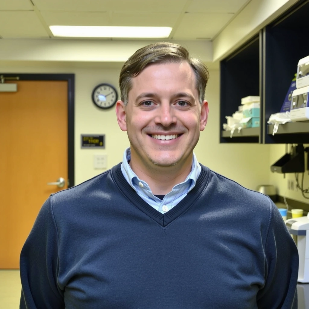 Professional portrait of a man, Marcus Thorne, with a clean, modern lab setting in the background.
