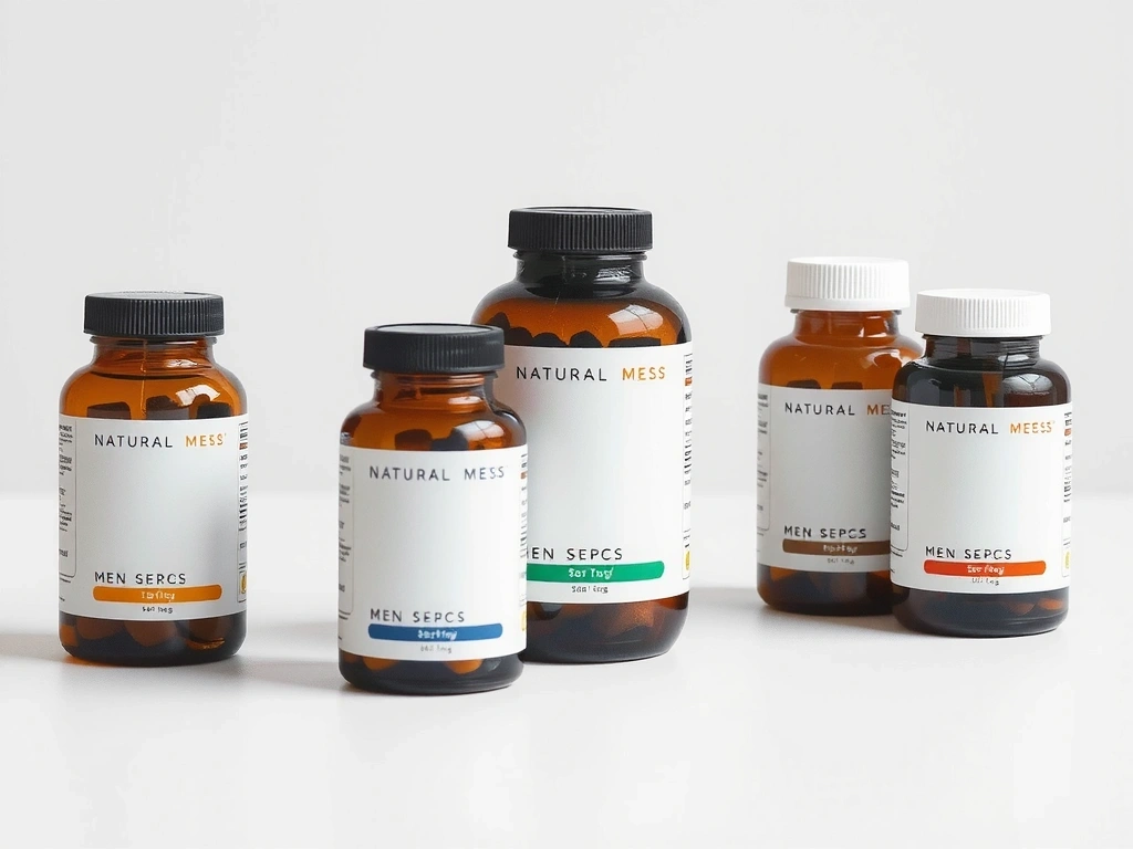 Minimalist image of natural men's supplement bottles